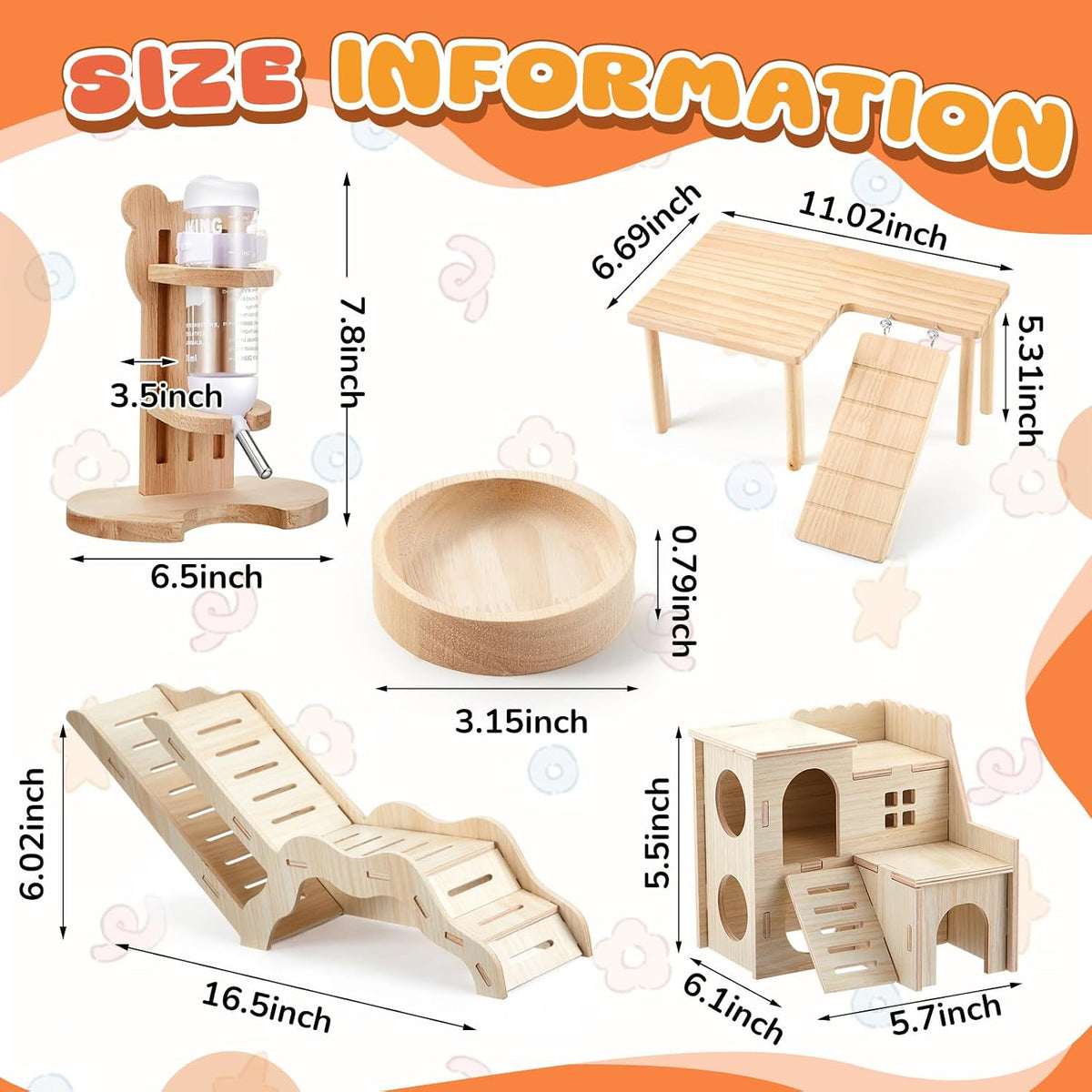 5 Pcs Hamster Cage Accessories, Wood Hamster Play Wooden Platform Water Bottle with Stand Climbing Set for Rat Mice Small Animals Pets Habitats Woodland Decor(Cloud Villa)