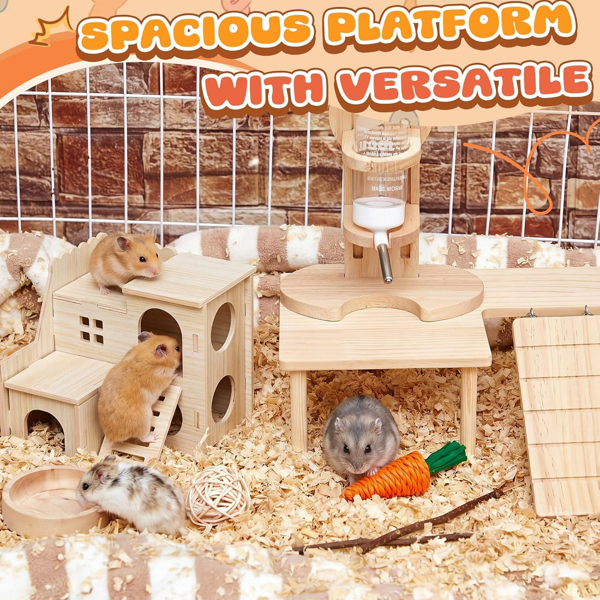 5 Pcs Hamster Cage Accessories, Wood Hamster Play Wooden Platform Water Bottle with Stand Climbing Set for Rat Mice Small Animals Pets Habitats Woodland Decor(Cloud Villa)