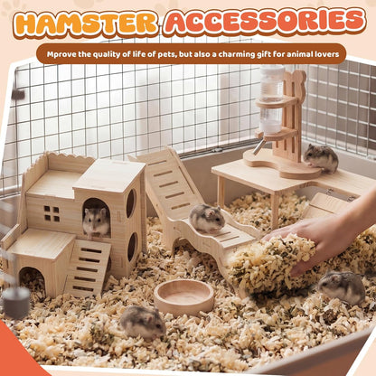 5 Pcs Hamster Cage Accessories, Wood Hamster Play Wooden Platform Water Bottle with Stand Climbing Set for Rat Mice Small Animals Pets Habitats Woodland Decor(Cloud Villa)