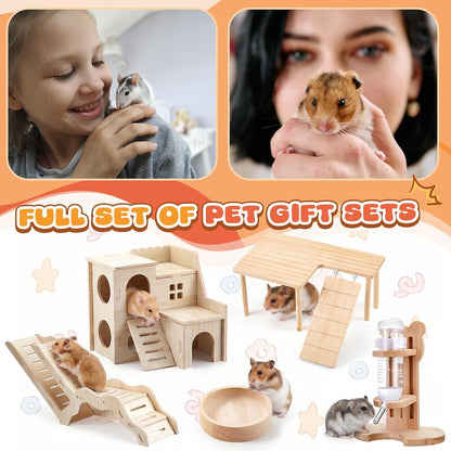 5 Pcs Hamster Cage Accessories, Wood Hamster Play Wooden Platform Water Bottle with Stand Climbing Set for Rat Mice Small Animals Pets Habitats Woodland Decor(Cloud Villa)