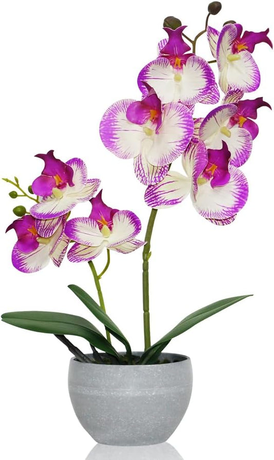 Purple Orchid Artificial Flowers 2 Stems in Grey Pot