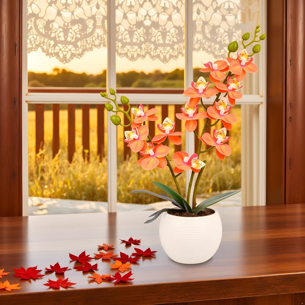 Purple Orchid Artificial Flowers 2 Stems in Grey Pot