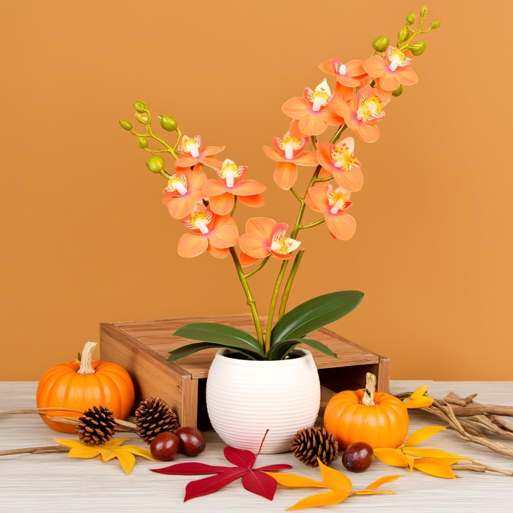 Purple Orchid Artificial Flowers 2 Stems in Grey Pot