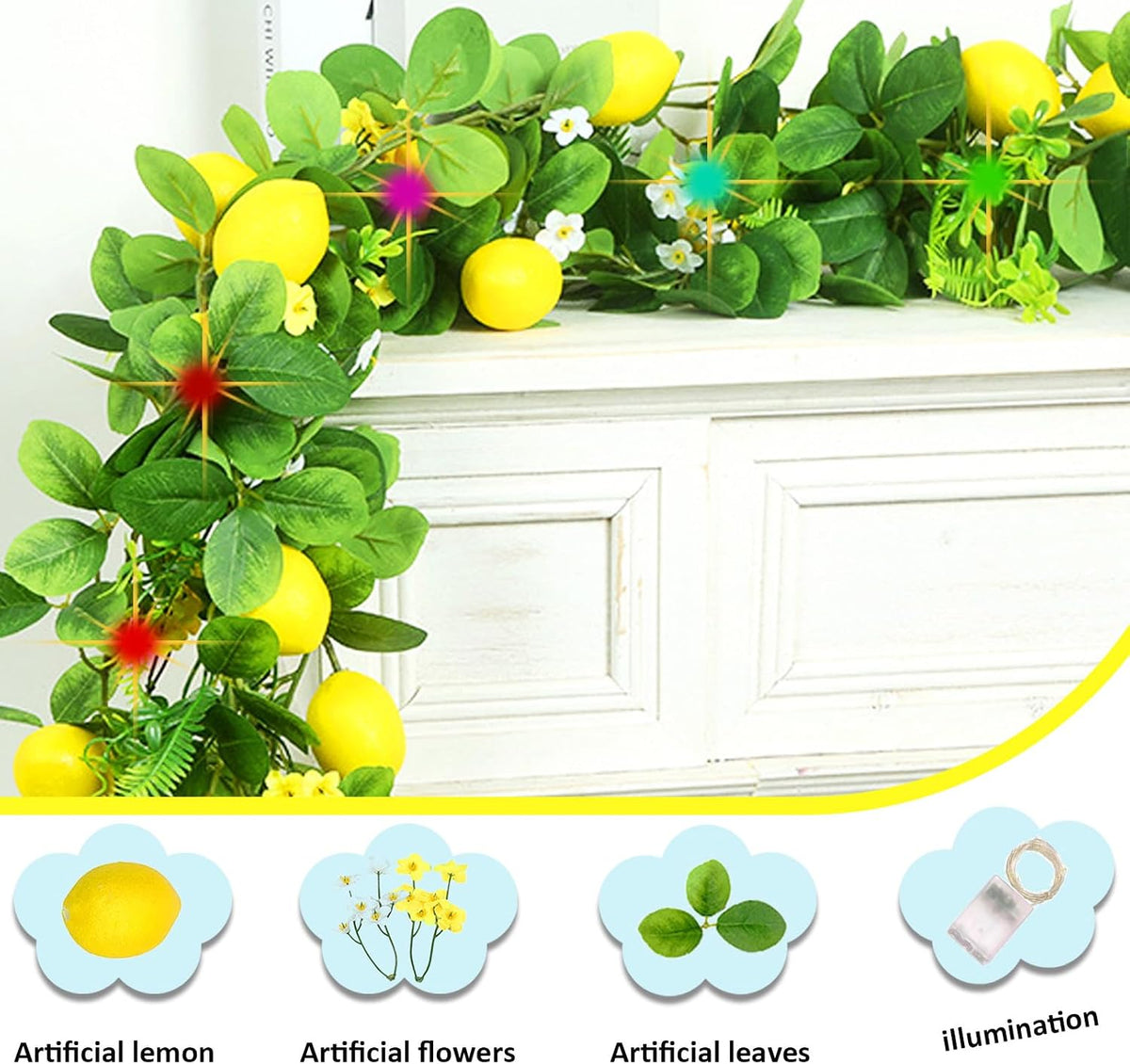 Artificial Lemon Vines Faux Lemon Garland 78.7 Inch Realistic Fake Lemons Greenery Garland Vine Hanging Swag for Wall Door Mantle Wedding Party Table Home Decoration