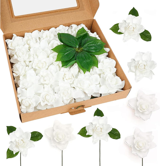25pcs Fake Gardenia White Artificial Flowers, Real Looking Gardenia Flowers with Stems Wedding Flowers for DIY Wedding Bouquet Bridal Shower Party Home Centerpieces Floral Arrangements