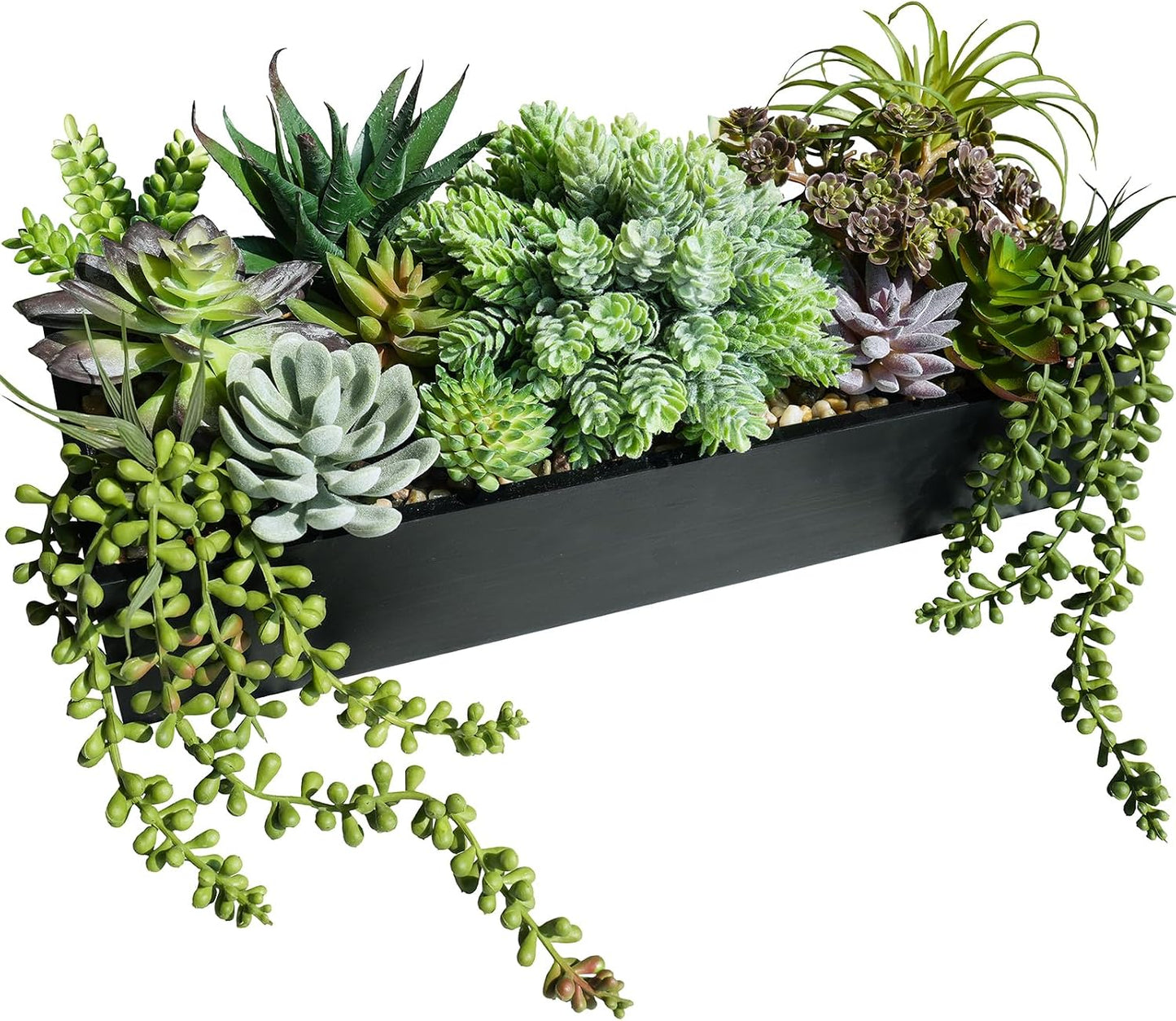 15" Artificial Succulents Arrangement Faux Succulents in Rectangular Black Wooden Planter Box Faux Potted Succulents Plant Garden for Gifts Home Table Centerpiece Mantel Greenery Décor