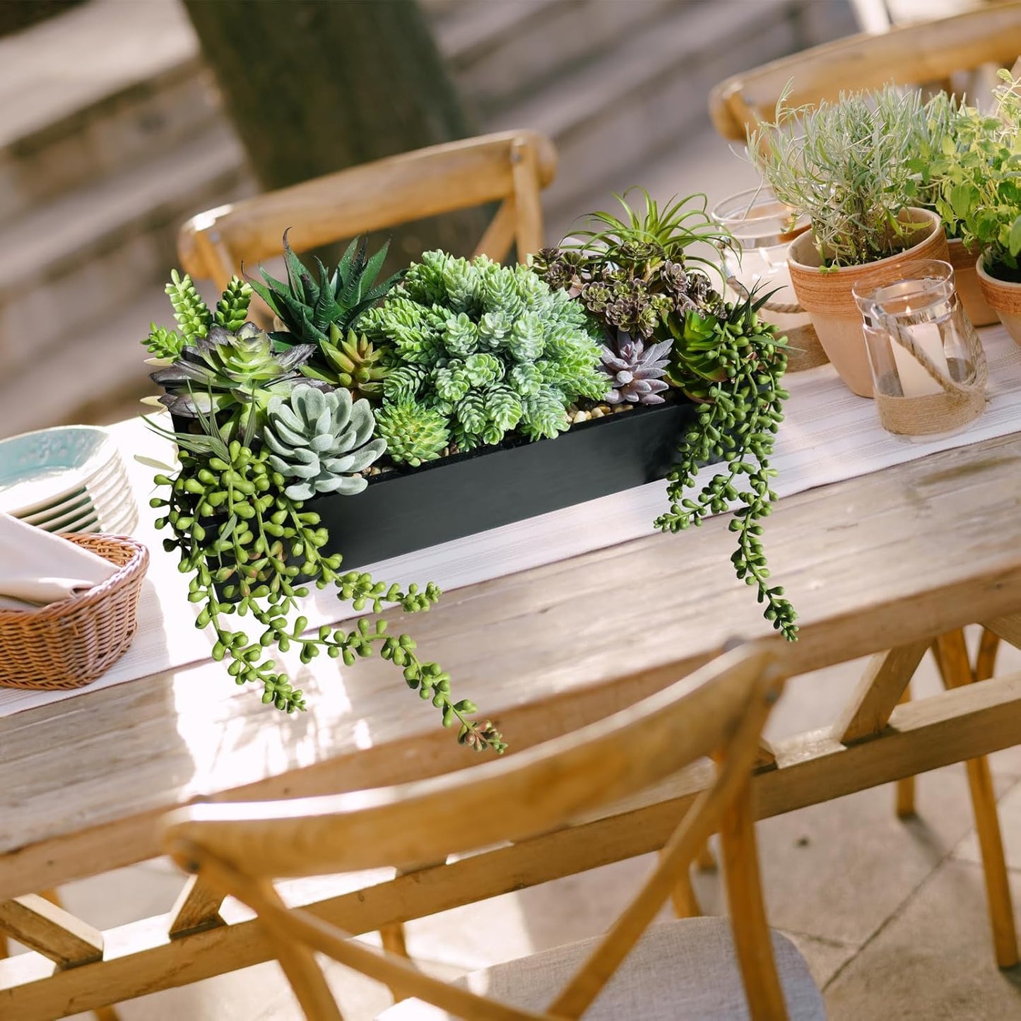 15" Artificial Succulents Arrangement Faux Succulents in Rectangular Black Wooden Planter Box Faux Potted Succulents Plant Garden for Gifts Home Table Centerpiece Mantel Greenery Décor