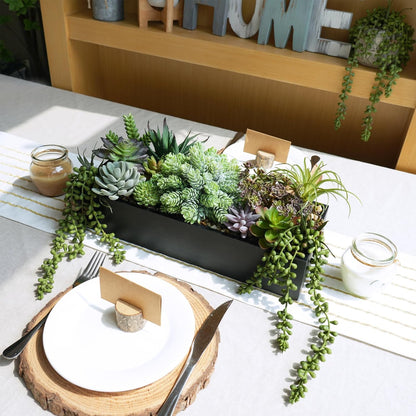 15" Artificial Succulents Arrangement Faux Succulents in Rectangular Black Wooden Planter Box Faux Potted Succulents Plant Garden for Gifts Home Table Centerpiece Mantel Greenery Décor