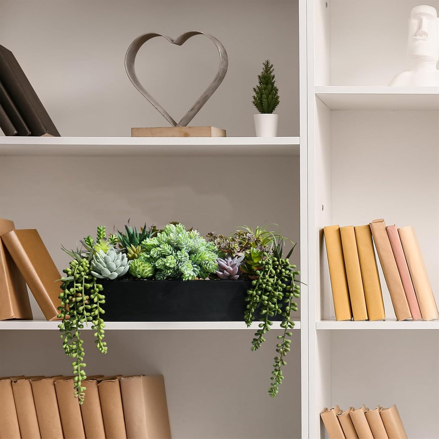 15" Artificial Succulents Arrangement Faux Succulents in Rectangular Black Wooden Planter Box Faux Potted Succulents Plant Garden for Gifts Home Table Centerpiece Mantel Greenery Décor