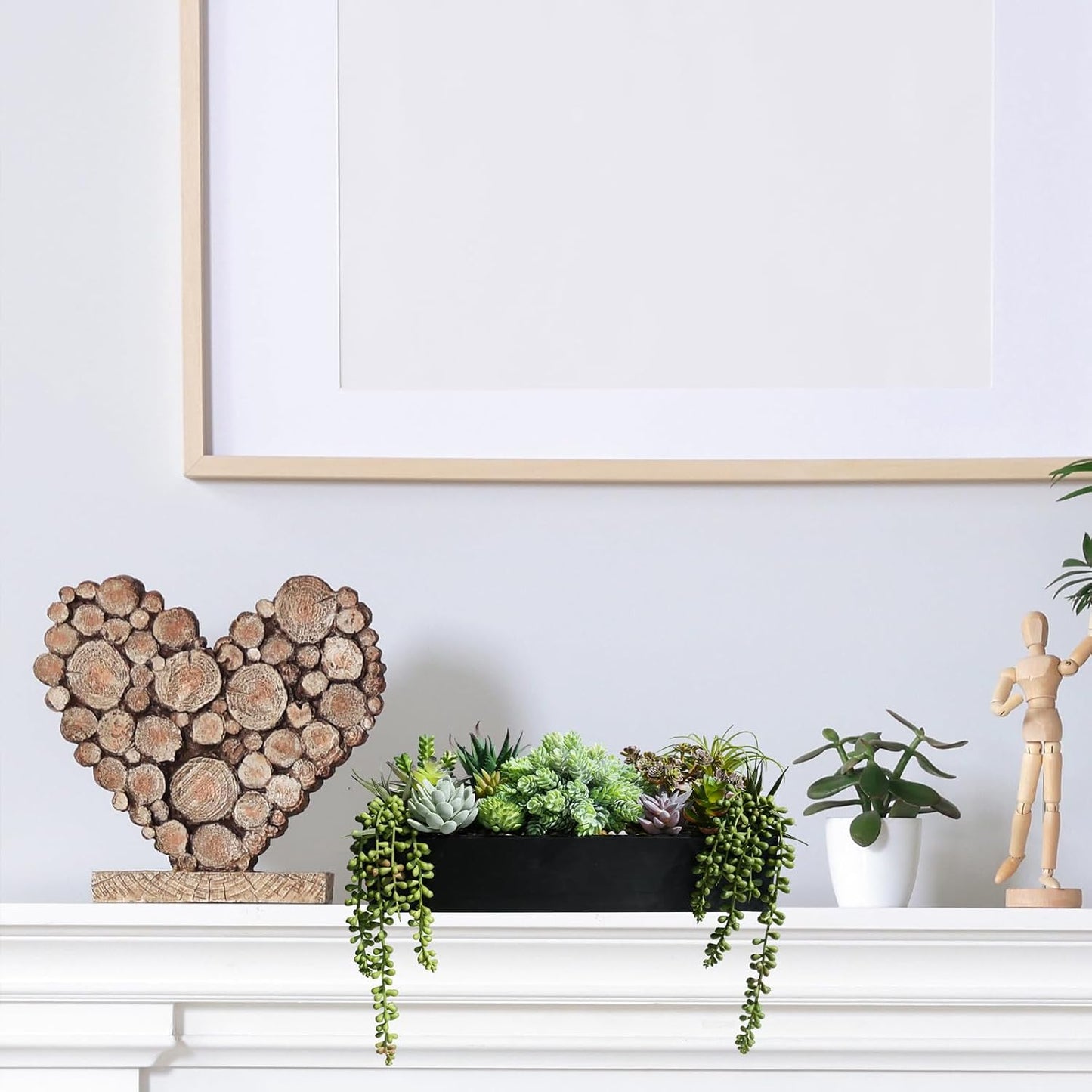 15" Artificial Succulents Arrangement Faux Succulents in Rectangular Black Wooden Planter Box Faux Potted Succulents Plant Garden for Gifts Home Table Centerpiece Mantel Greenery Décor