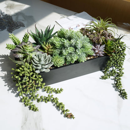 15" Artificial Succulents Arrangement Faux Succulents in Rectangular Black Wooden Planter Box Faux Potted Succulents Plant Garden for Gifts Home Table Centerpiece Mantel Greenery Décor