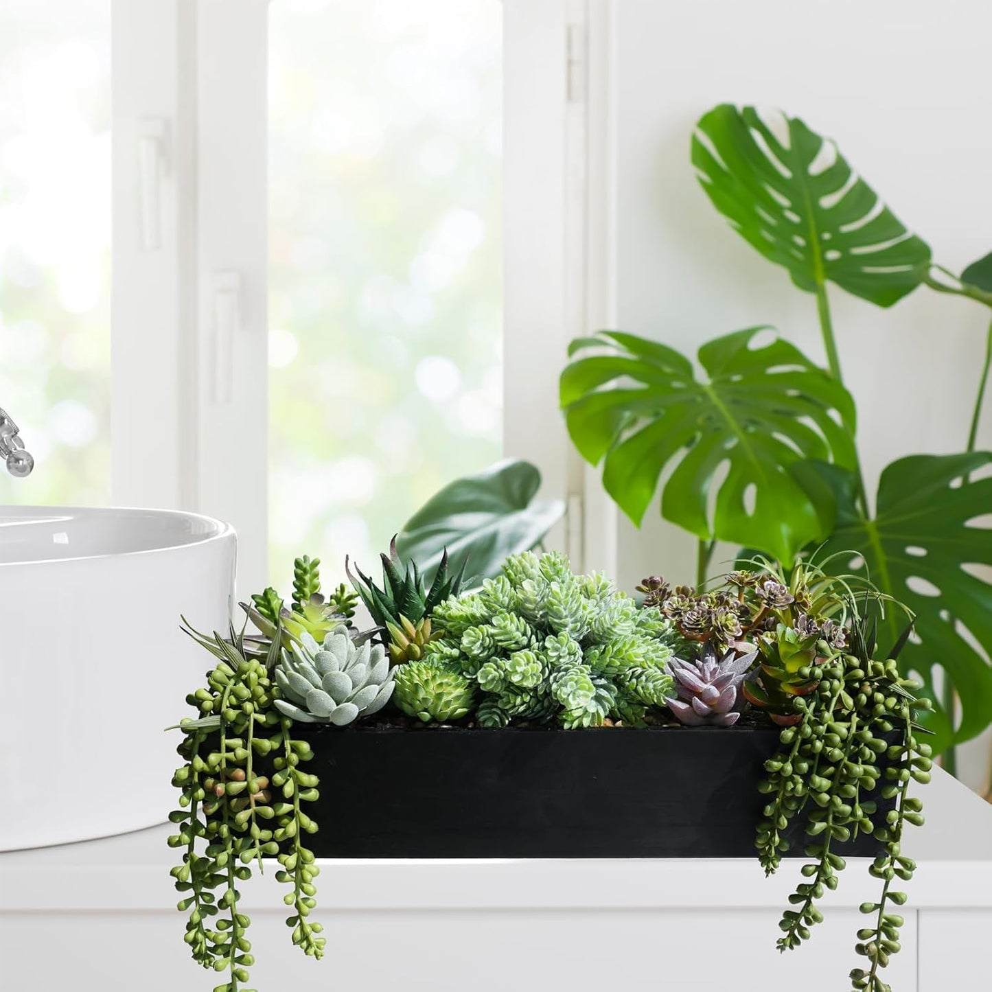 15" Artificial Succulents Arrangement Faux Succulents in Rectangular Black Wooden Planter Box Faux Potted Succulents Plant Garden for Gifts Home Table Centerpiece Mantel Greenery Décor