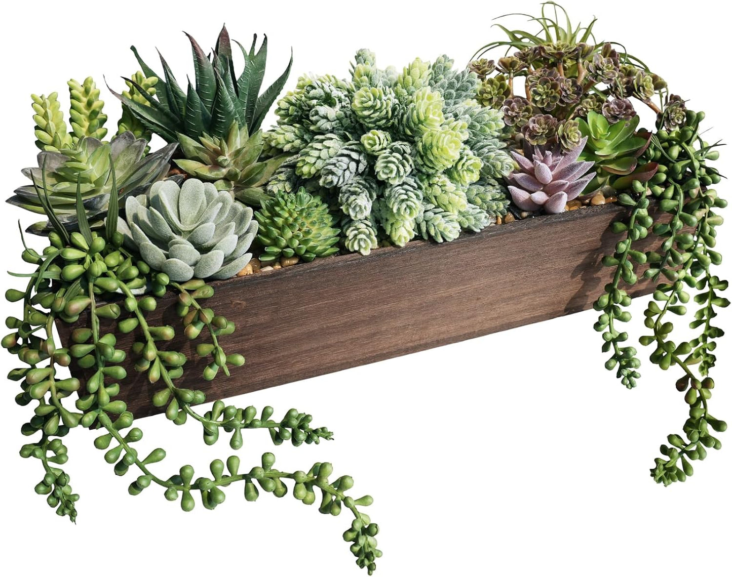15" Artificial Succulents Arrangement Faux Succulents in Rectangular Black Wooden Planter Box Faux Potted Succulents Plant Garden for Gifts Home Table Centerpiece Mantel Greenery Décor