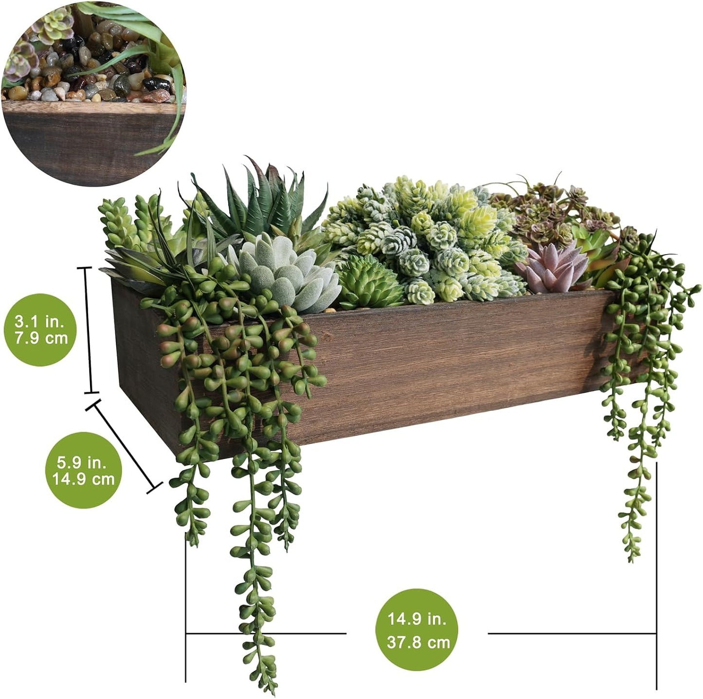 15" Artificial Succulents Arrangement Faux Succulents in Rectangular Black Wooden Planter Box Faux Potted Succulents Plant Garden for Gifts Home Table Centerpiece Mantel Greenery Décor