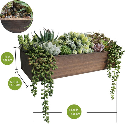 15" Artificial Succulents Arrangement Faux Succulents in Rectangular Black Wooden Planter Box Faux Potted Succulents Plant Garden for Gifts Home Table Centerpiece Mantel Greenery Décor
