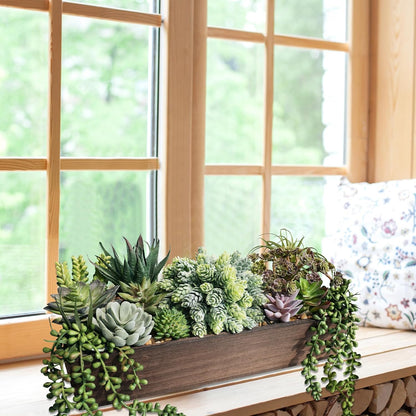15" Artificial Succulents Arrangement Faux Succulents in Rectangular Black Wooden Planter Box Faux Potted Succulents Plant Garden for Gifts Home Table Centerpiece Mantel Greenery Décor