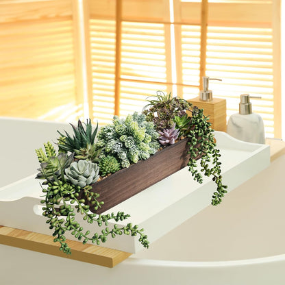 15" Artificial Succulents Arrangement Faux Succulents in Rectangular Black Wooden Planter Box Faux Potted Succulents Plant Garden for Gifts Home Table Centerpiece Mantel Greenery Décor