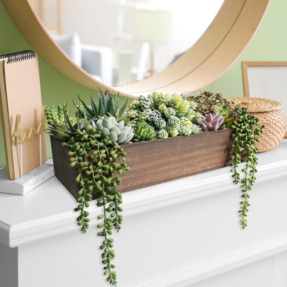 15" Artificial Succulents Arrangement Faux Succulents in Rectangular Black Wooden Planter Box Faux Potted Succulents Plant Garden for Gifts Home Table Centerpiece Mantel Greenery Décor