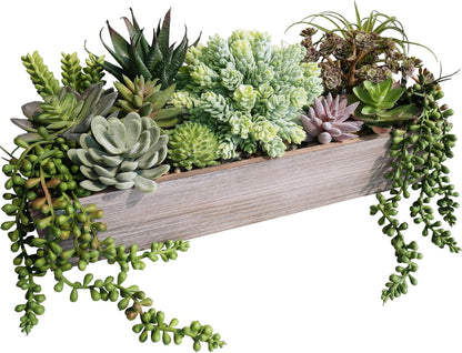 15" Artificial Succulents Arrangement Faux Succulents in Rectangular Black Wooden Planter Box Faux Potted Succulents Plant Garden for Gifts Home Table Centerpiece Mantel Greenery Décor