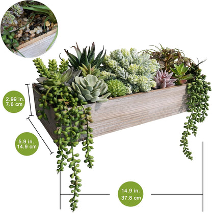 15" Artificial Succulents Arrangement Faux Succulents in Rectangular Black Wooden Planter Box Faux Potted Succulents Plant Garden for Gifts Home Table Centerpiece Mantel Greenery Décor