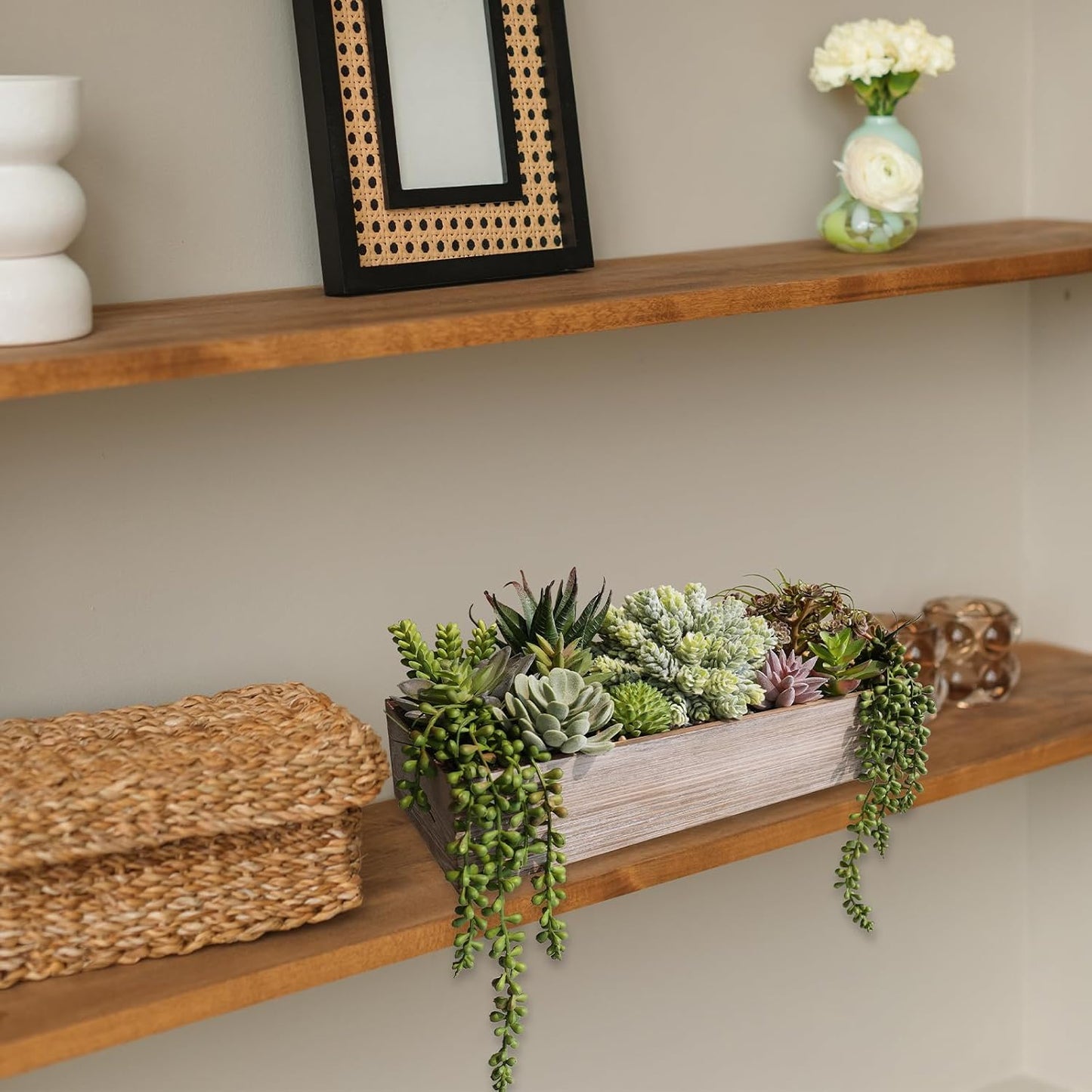 15" Artificial Succulents Arrangement Faux Succulents in Rectangular Black Wooden Planter Box Faux Potted Succulents Plant Garden for Gifts Home Table Centerpiece Mantel Greenery Décor