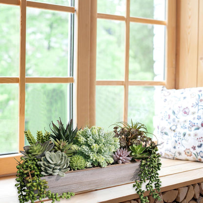 15" Artificial Succulents Arrangement Faux Succulents in Rectangular Black Wooden Planter Box Faux Potted Succulents Plant Garden for Gifts Home Table Centerpiece Mantel Greenery Décor