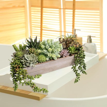 15" Artificial Succulents Arrangement Faux Succulents in Rectangular Black Wooden Planter Box Faux Potted Succulents Plant Garden for Gifts Home Table Centerpiece Mantel Greenery Décor