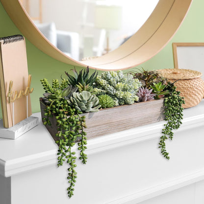 15" Artificial Succulents Arrangement Faux Succulents in Rectangular Black Wooden Planter Box Faux Potted Succulents Plant Garden for Gifts Home Table Centerpiece Mantel Greenery Décor