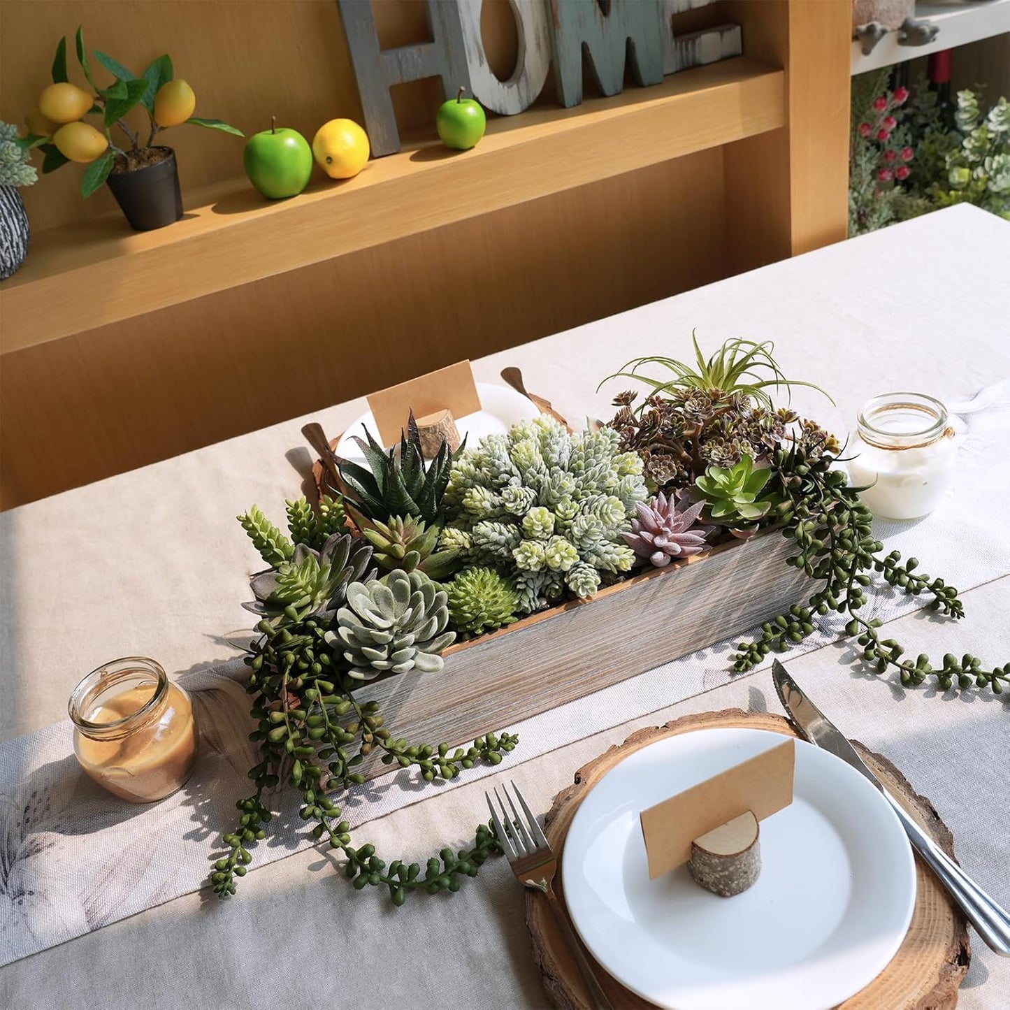 15" Artificial Succulents Arrangement Faux Succulents in Rectangular Black Wooden Planter Box Faux Potted Succulents Plant Garden for Gifts Home Table Centerpiece Mantel Greenery Décor