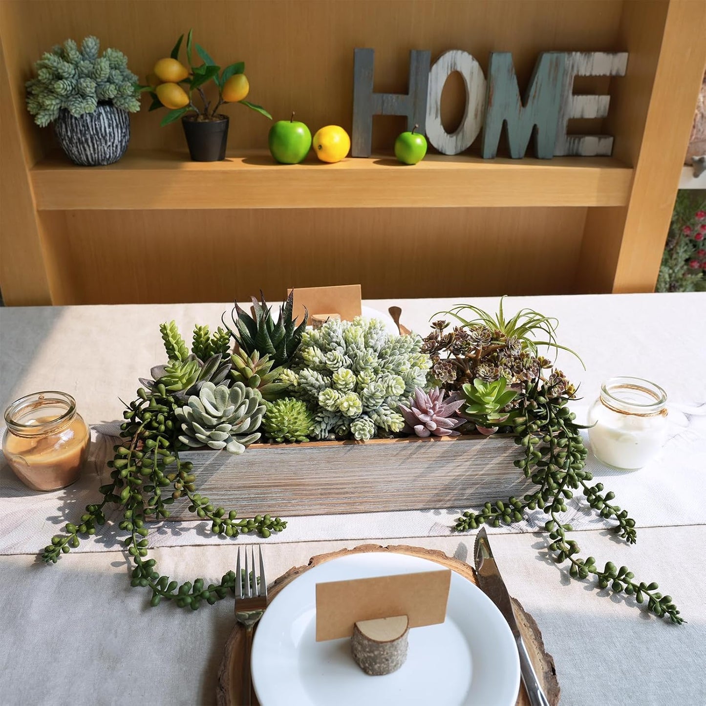 15" Artificial Succulents Arrangement Faux Succulents in Rectangular Black Wooden Planter Box Faux Potted Succulents Plant Garden for Gifts Home Table Centerpiece Mantel Greenery Décor