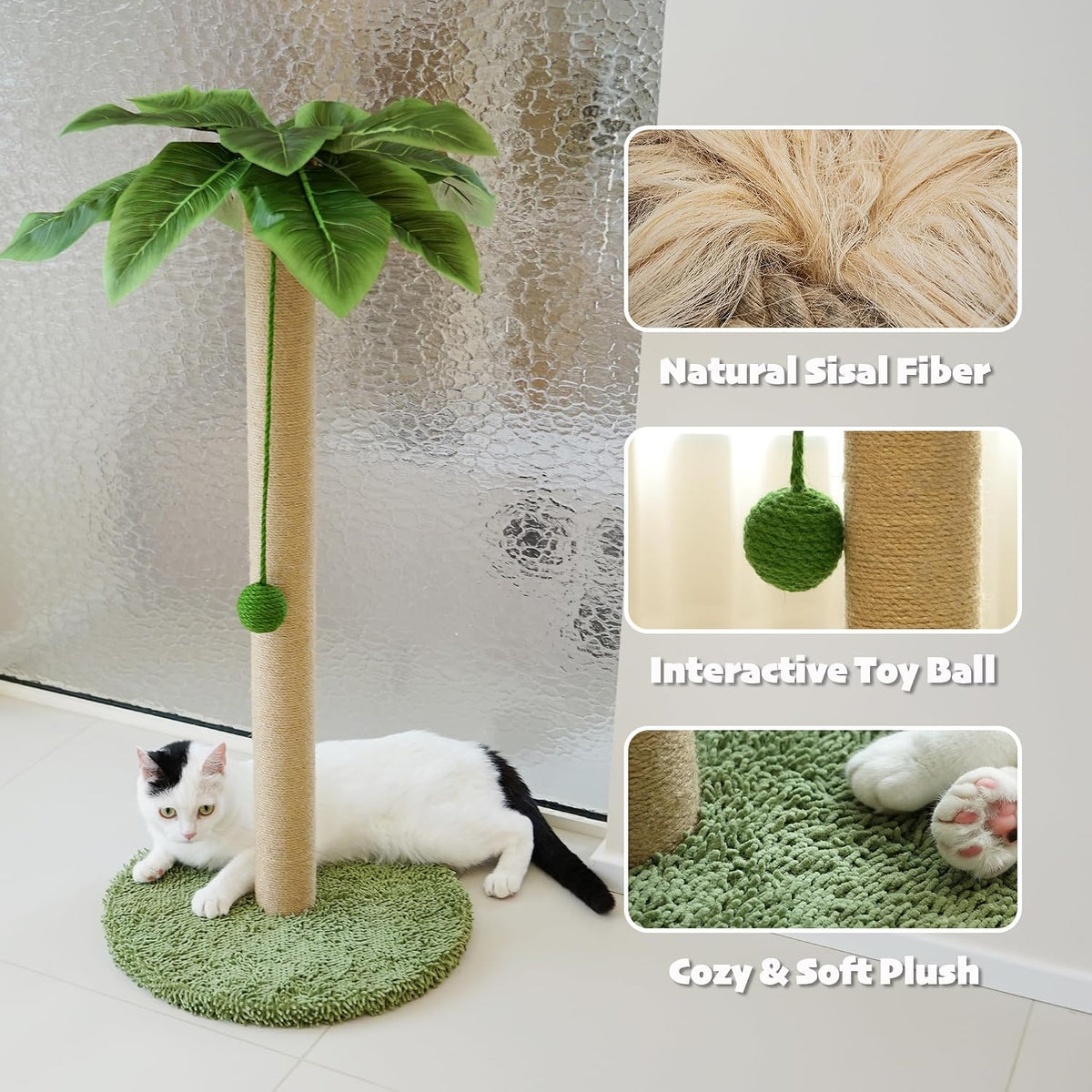 Cat Scratching Post, 36" Tall Palm Tree Cat Scratching Post, Sisal Cat Scratcher with Toy Ball for Indoor Kittens, Large Size