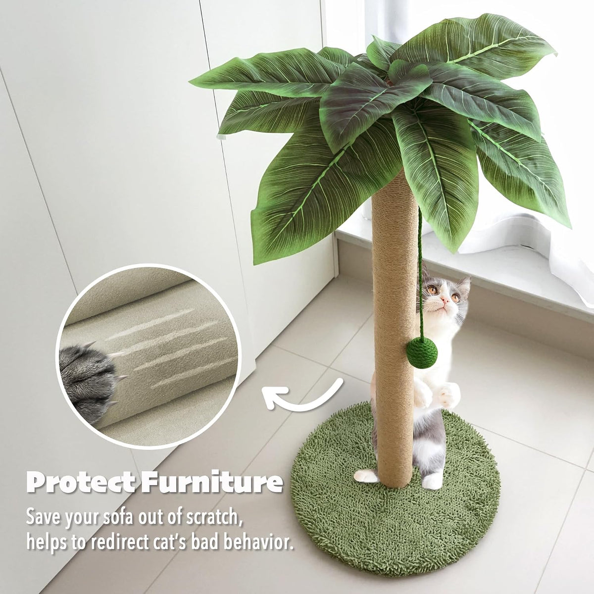 Cat Scratching Post, 36" Tall Palm Tree Cat Scratching Post, Sisal Cat Scratcher with Toy Ball for Indoor Kittens, Large Size
