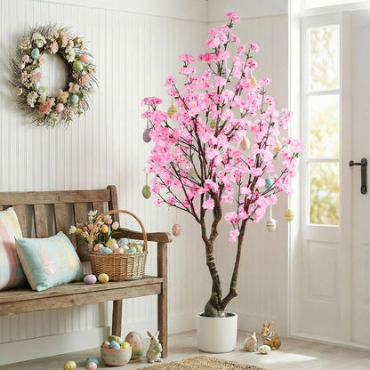 Artificial Cherry Blossom Tree, 7FT Tall Artificial Tree with White Pot, Pink Fake Sakura Flower Tree, Faux Silk Plants for Home, Living Room, Wedding, Garden, Balcony, Hotel Decoration