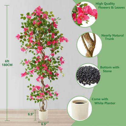 Artificial Bougainvillea Tree 6ft Fake Plant with White Planter