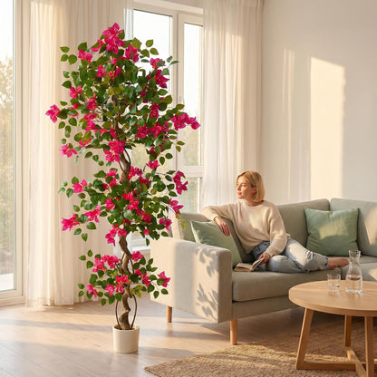 Artificial Bougainvillea Tree 6ft Fake Plant with White Planter