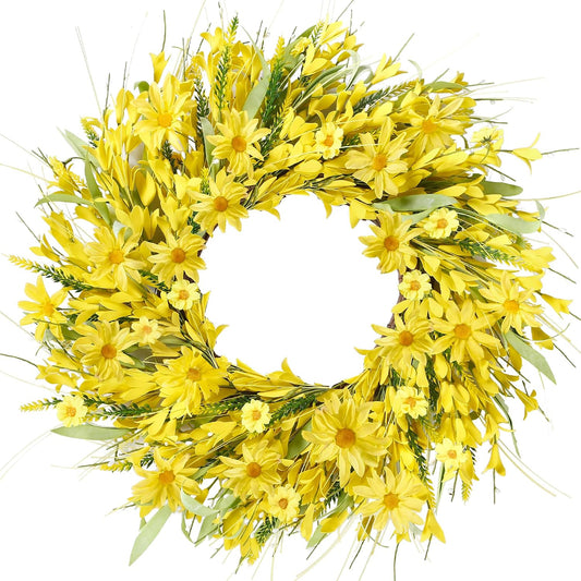 Spring Wreaths for Front Door 21 Inches Artificial Forsythia Flower Wreath Summer with Yellow Daisy Lavender Green Leaves Silk Floral for Wall Home Indoor Outdoor Decor