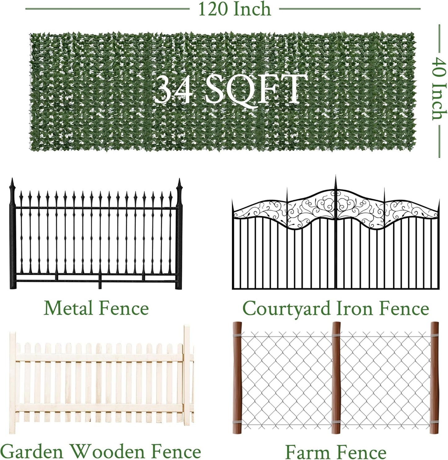 60"x128" (53.5 Sqft), Artificial Ivy Vine Privacy Fence Screen Roll | UV Resistant Green Leaves Faux, Garden Indoor Outdoor Home Decor, Artificial Hedge Vine Backdrop Fence Covering Privacy