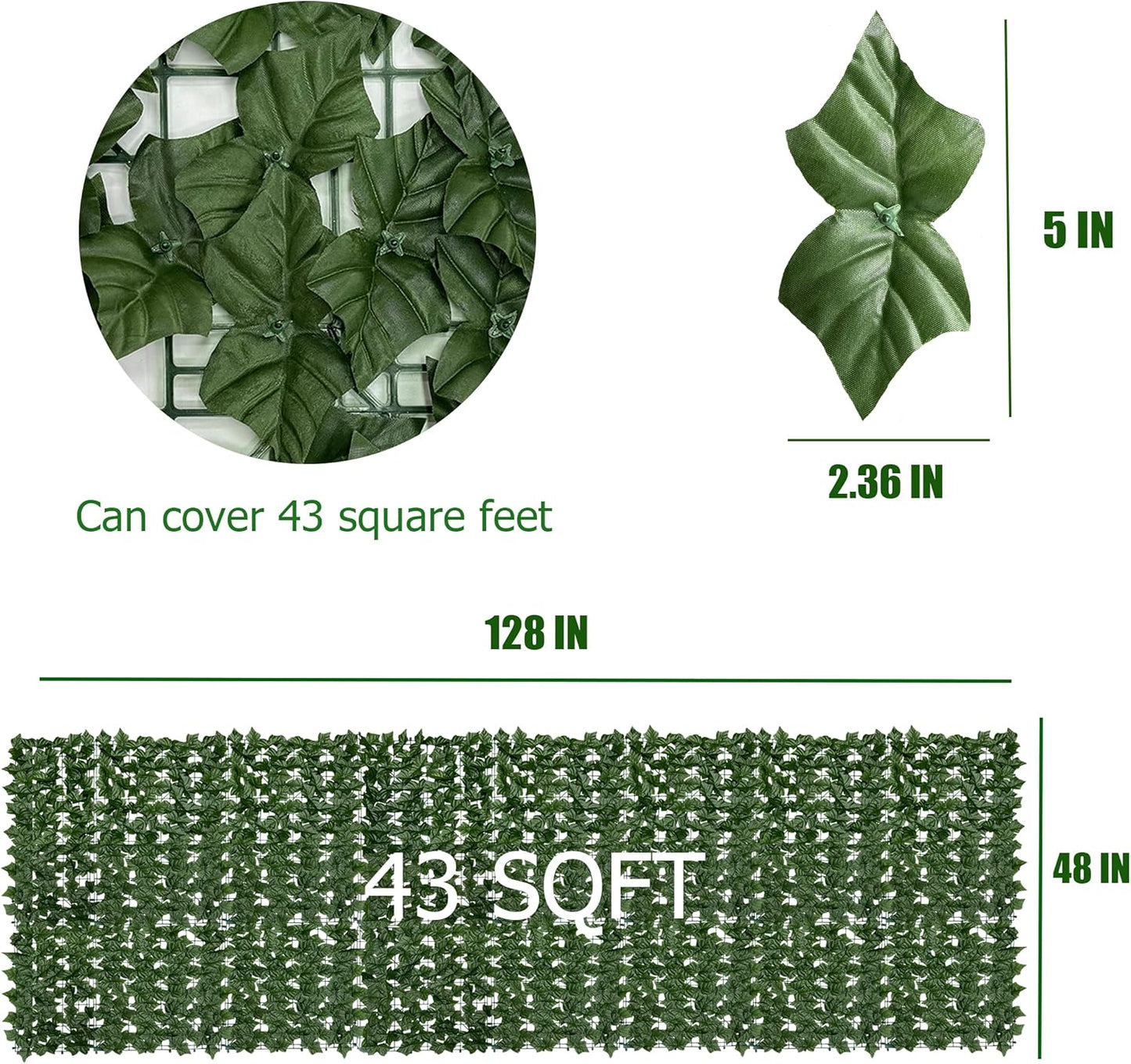 60"x128" (53.5 Sqft), Artificial Ivy Vine Privacy Fence Screen Roll | UV Resistant Green Leaves Faux, Garden Indoor Outdoor Home Decor, Artificial Hedge Vine Backdrop Fence Covering Privacy