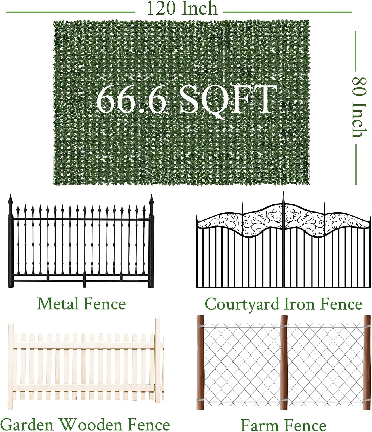60"x128" (53.5 Sqft), Artificial Ivy Vine Privacy Fence Screen Roll | UV Resistant Green Leaves Faux, Garden Indoor Outdoor Home Decor, Artificial Hedge Vine Backdrop Fence Covering Privacy