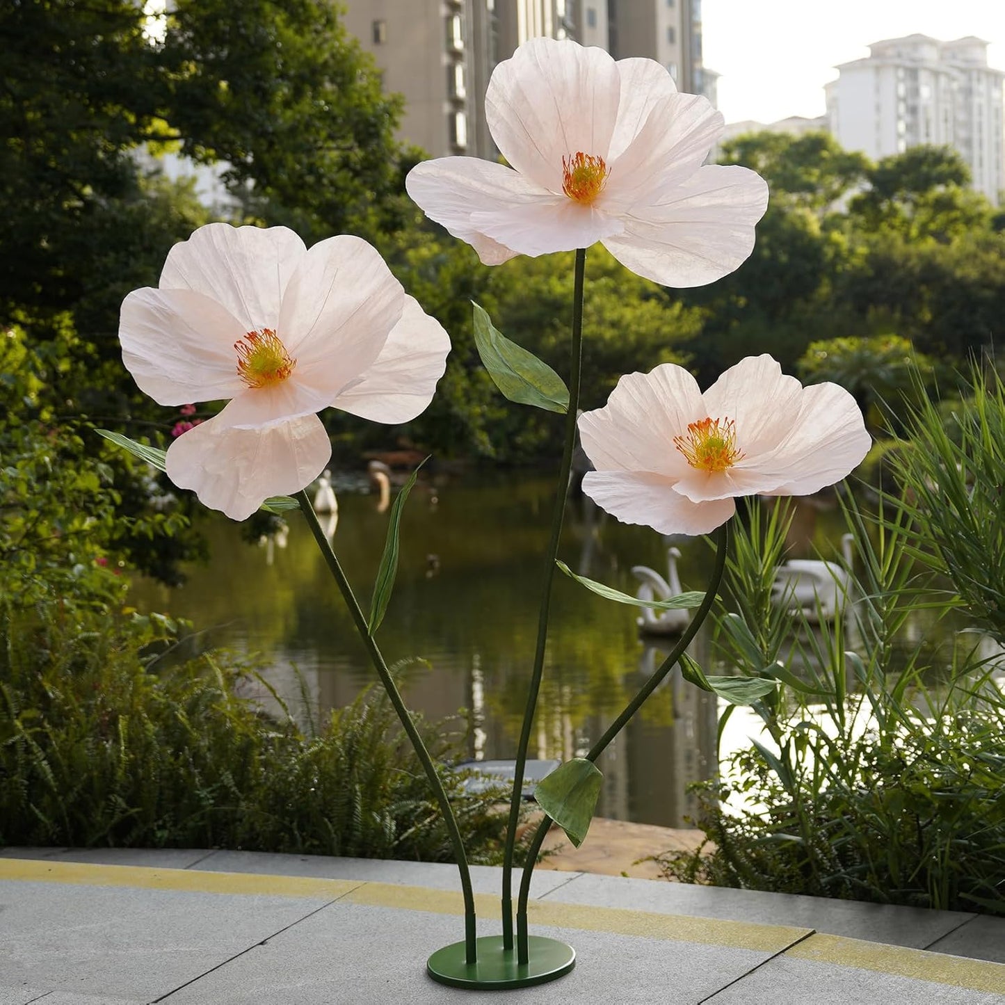 Large Paper Artificial Flowers, for Decoration,Huge Handcrafted Poppy Fake Flowers with Stand for Home Decor Bridal Shower Party Outdoors Yard Event Backdrop Decor (Champagne)