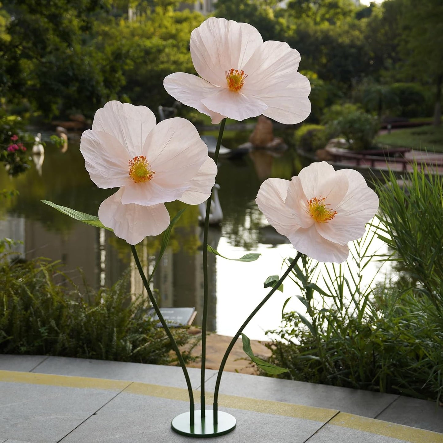 Large Paper Artificial Flowers, for Decoration,Huge Handcrafted Poppy Fake Flowers with Stand for Home Decor Bridal Shower Party Outdoors Yard Event Backdrop Decor (Champagne)