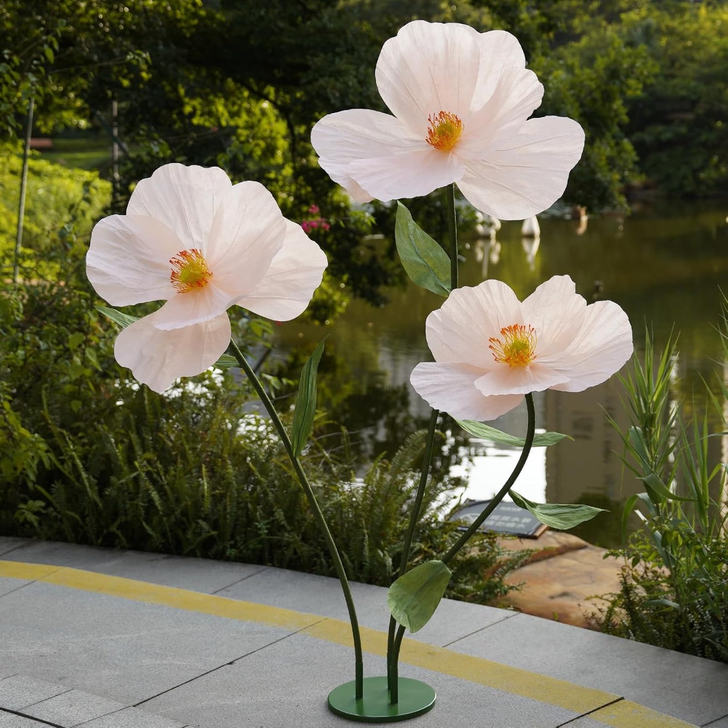 Large Paper Artificial Flowers, for Decoration,Huge Handcrafted Poppy Fake Flowers with Stand for Home Decor Bridal Shower Party Outdoors Yard Event Backdrop Decor (Champagne)