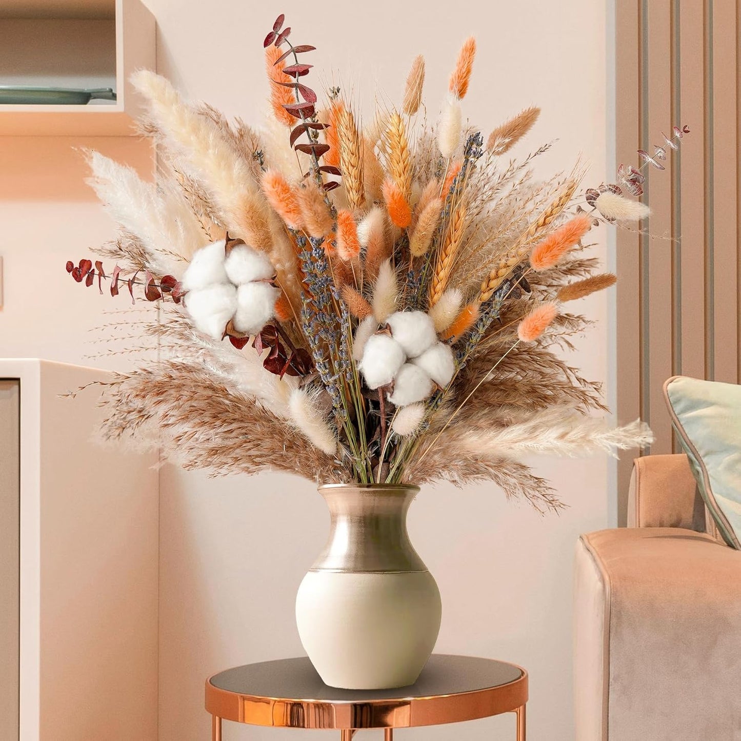 Natural Dried Flower Bouquet - Pampas Grass, Cotton Stems, Bunny Tails, Eucalyptus, Lavender & Wheat - Rustic Boho Decor for Home, Fall Decorations for Home, Wedding, or Gift