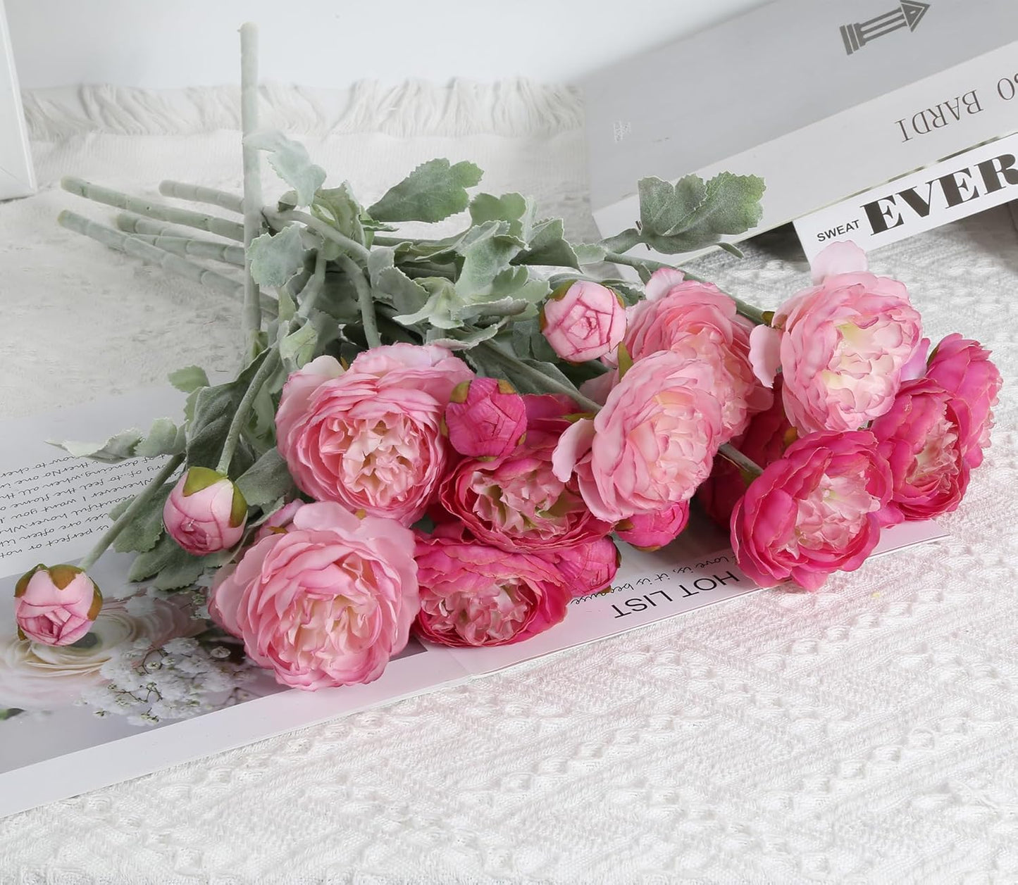 Pink Peonies Artificial Flowers 6pcs Pink Artificial Ranunculus Flowers18Heads Pink Silk Peonies with Stems Real Look for Spring Decorations Floral Arrangements Home Table Centerpiece