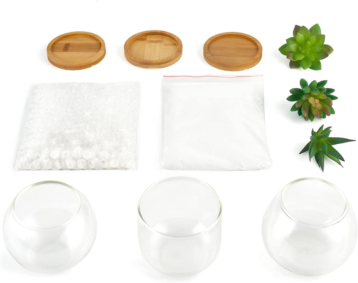 Artificial Succulent in Clear Glass Pot, 3 Mini Potted Fake Plants for Women Office Decor Small Faux Green Plant with BambooTray for Bookshelf Bathroom Kitchen Tabletop Centerpiece