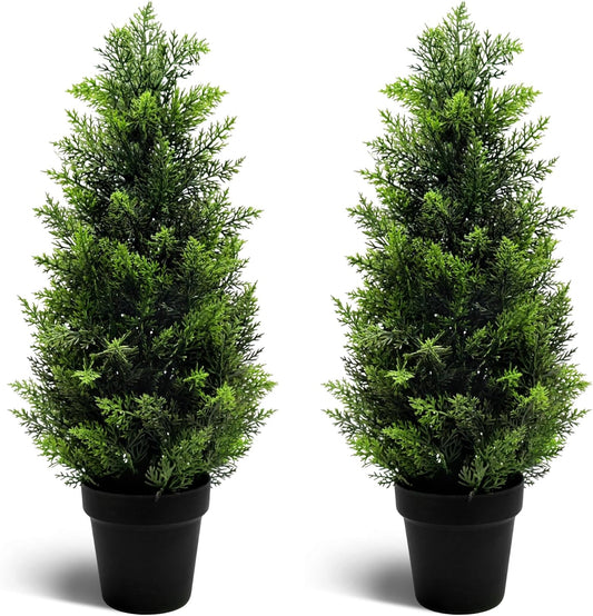 Two 2FT Artificial Cedar Trees, Beautiful and Realistic Fake Potted Trees,Artificial Evergreen Front Porch Decorations Plants, Suitable for Indoor, Office, Living Room and Room Decoration
