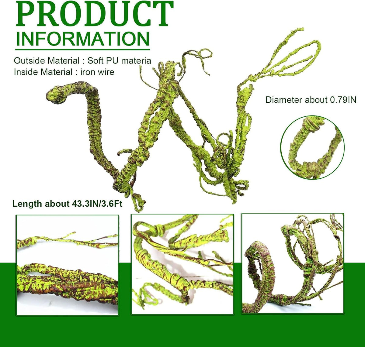 Reptile Jungle Vines Flexible Bend-A-Branch, 3.6Ft Reptile Climbing Branches, Chameleon Flexible Vine Decor,Terrarium Plants Decoration Accessories for Lizard Gecko Frog Snake