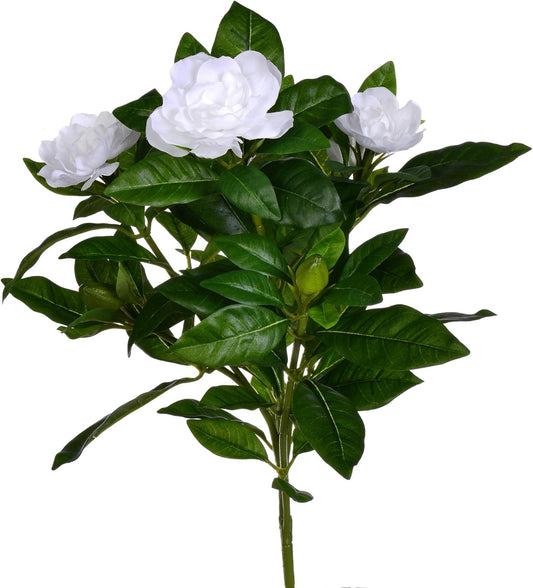 14.5'' Artificial White Polyester Gardenia Flower Bush - Realistic with 93 Dark Green Leaves, 3 Blooms, 3 New Growth Buds - Indoor Use Recommended