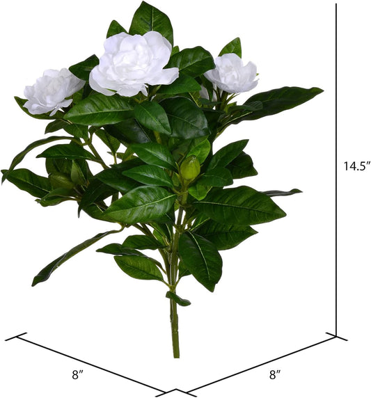 14.5'' Artificial White Polyester Gardenia Flower Bush - Realistic with 93 Dark Green Leaves, 3 Blooms, 3 New Growth Buds - Indoor Use Recommended