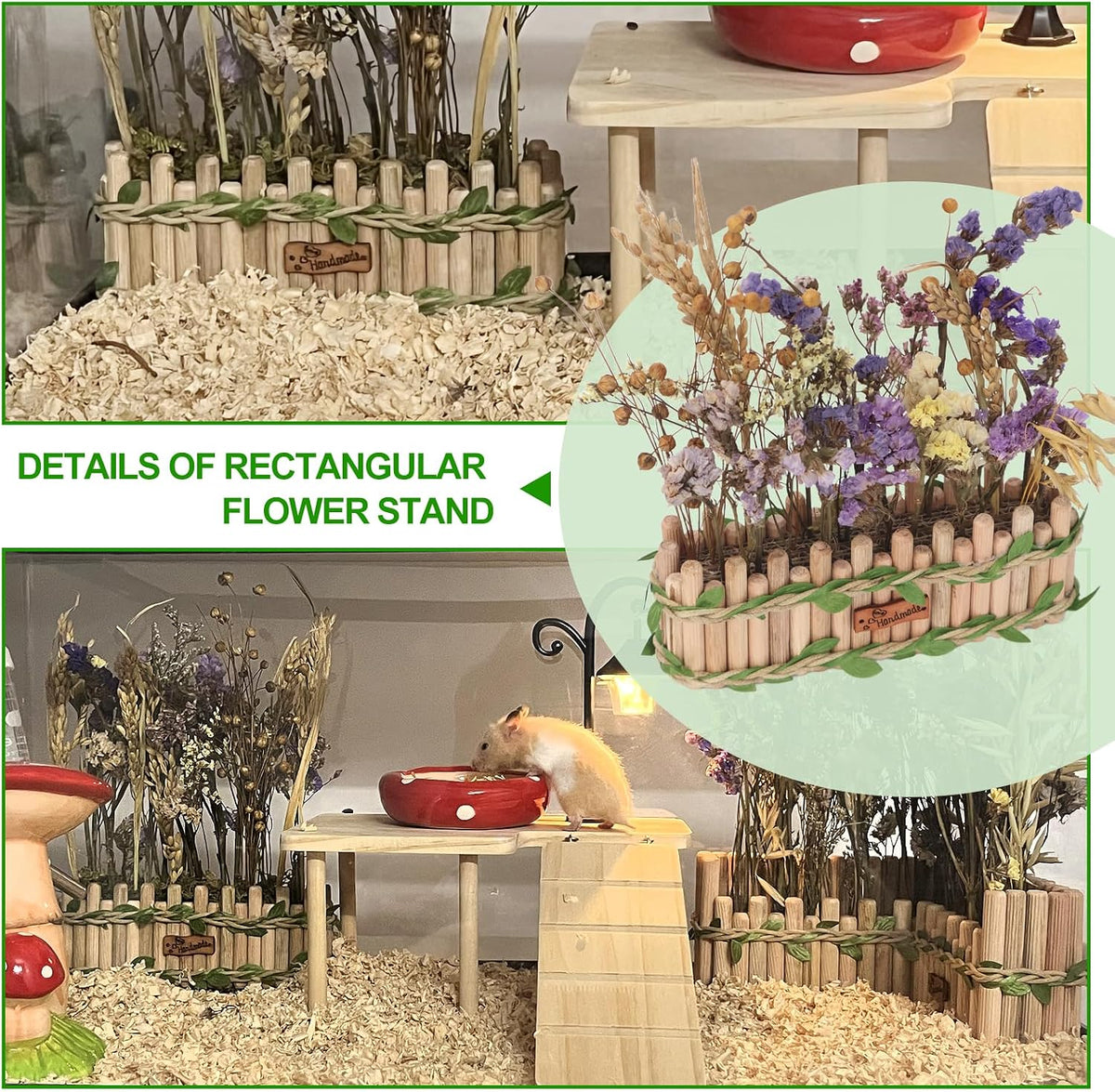 Hamster Cage Sprays Flower Foraging Holder - Natural Wood Feeding Stand, Small Pet Habitat Accessories for Hamsters Mouse Guinea Pig Dwarf Gerbils Syrian Mice (Leaf - Rectangle)